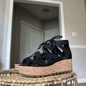 SOREL Cameron Flatform Lace Women Sandals Black Size 9.5 Wedge - EXCELLENT!